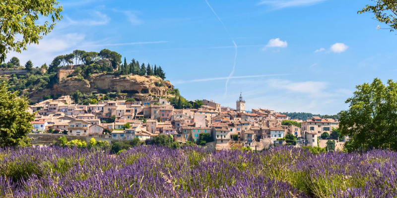 Scenic holiday park in Provence-Alpes-Côte d’Azur, France, with lavender fields and a hillside village under blue sky.