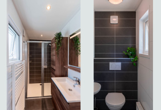 Salle de bain moderne au Wellness Cottage à De Thijmse Berg, Pays-Bas, avec douche et toilettes design.