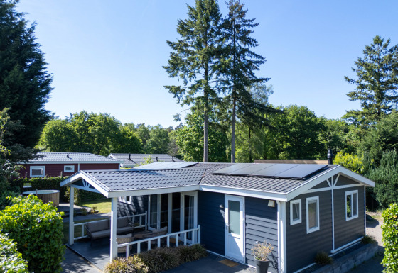 Heuvelrug Cottage mit Whirlpool in De Thijmse Berg, Niederlande, umgeben von Bäumen im Grünen.