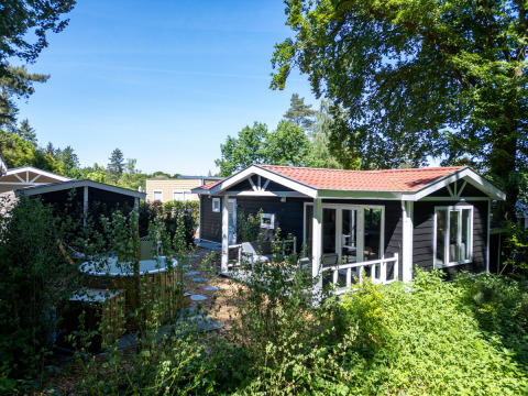 Wellness Lodge op De Thijmse Berg, Nederland, omgeven door groen en bomen onder een zonnige blauwe hemel.