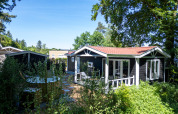 Wellness Lodge presso De Thijmse Berg nei Paesi Bassi, immersa nel verde e circondata da alberi e sole.