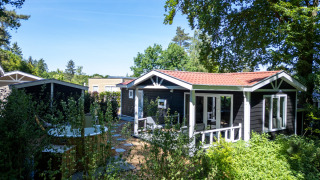 Wellness Lodge presso De Thijmse Berg nei Paesi Bassi, immersa nel verde e circondata da alberi e sole.