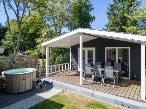 Familielodge met een overdekt terras en hot tub, omgeven door groen bij De Thijmse Berg in Nederland.