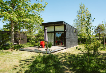 Pequeña casa negra de madera con terraza y sillas rojas rodeada de vegetación en De Klepperstee, Países Bajos.