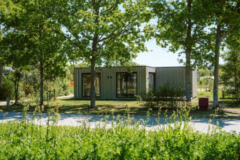 Duunroos lodge in vakantiepark De Klepperstee in Nederland, omgeven door bomen en groene natuur.