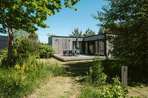 Wooden cottage with outdoor deck, lush greenery at Huus van Hanse, De Klepperstee holiday park, Netherlands.