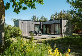 Modern natuurhuisje op vakantiepark De Klepperstee, omgeven door bomen en groen in Nederland.