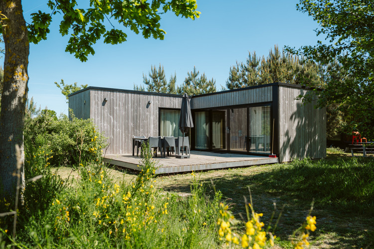 Modern nature house at Holiday park De Klepperstee, surrounded by trees and greenery in the Netherlands.