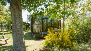 Wikkel tiny house au Holiday park De Klepperstee, Pays-Bas, entourée d’arbres et de verdure.