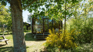 Wikkel tiny house al Holiday park De Klepperstee, Paesi Bassi, circondata da alberi e natura.