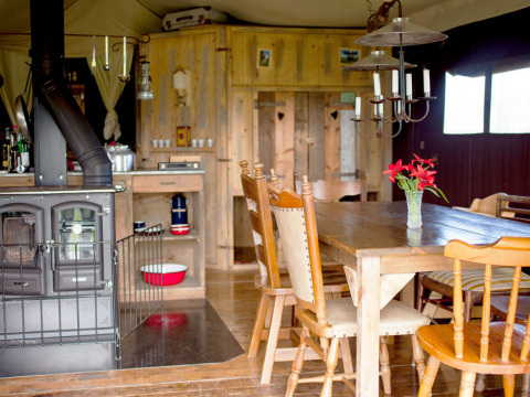 Knus houten interieur met eettafel, houtkachel en bloemen bij Feather Down Hilserhof in Duitsland.