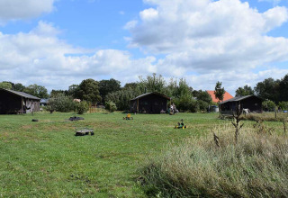 Gezicht op Feather Down De Kalverweide vakantiepark in Overijssel, Nederland, met hutten en groene weiden.