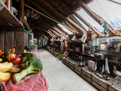 Interior de tienda rural en Feather Down De Kalverweide, con vegetales frescos y productos locales en estanterías.