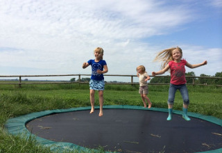 Drie kinderen springen op een trampoline bij Feather Down De Kalverweide vakantiepark in Overijssel, Nederland.