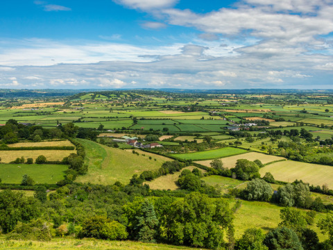 Vista panorámica de los campos verdes en Feather Down Glastonbury Hill Farm, parque vacacional en el suroeste de Inglaterra.