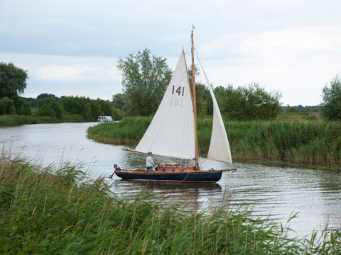 Segelboot mit der Nummer 141 segelt auf einem ruhigen Fluss bei Feather Down College Farm, England