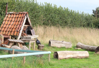 Buitenruimte met boomstammen als zitplaatsen en bakstenen hut met pannendak op Feather Down College Farm.