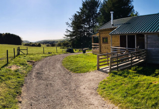 Grindpad en houten hut op Feather Down Warren Farm in Zuidwest-Engeland, omgeven door groene weiden en bos.