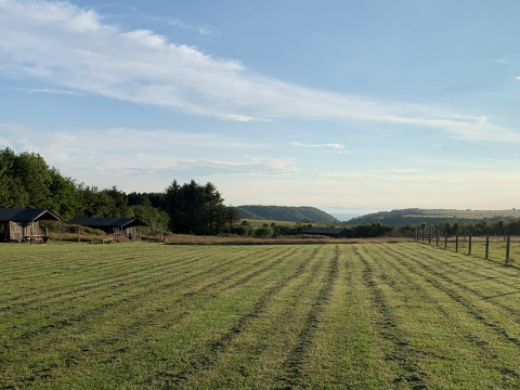 Vista de un campo de césped cortado con cabañas y colinas en Feather Down Warren Farm, Sudoeste de Inglaterra.