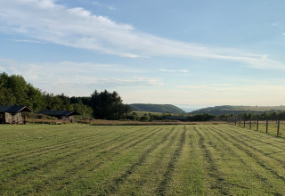 Blick auf eine gemähte Wiese mit Hütten und sanften Hügeln bei Feather Down Warren Farm in Südwestengland.