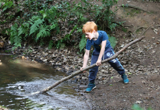 Niño jugando con un palo grande junto a un arroyo en Feather Down Upper Shadymoor Farm, Gales, Reino Unido.