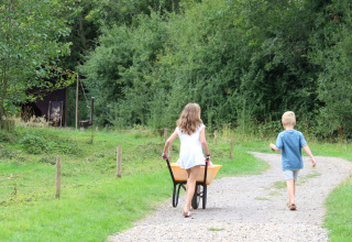 Twee kinderen wandelen op een grindpad, een meisje duwt een kruiwagen, omringd door groen bij Feather Down Upper Shadymoor Farm.