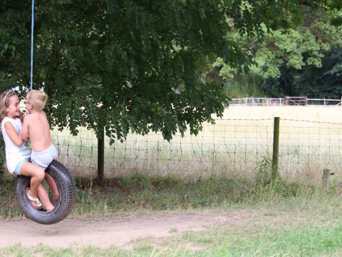 Two children playing on a tire swing under a tree at Feather Down Upper Shadymoor Farm in Wales, United Kingdom.