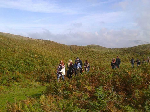 A group of hikers walking through lush green hills at Feather Down Upper Shadymoor Farm in Wales, UK.