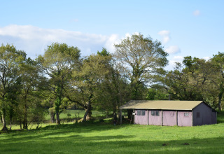 Safari-telt på Feather Down La Ferme de Penquelen Huella i Bretagne, Frankrig, omgivet af grønne træer og en mark.