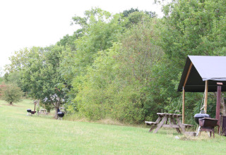 Billede af picnicborde, grill og et overdækket område i grønne omgivelser på Feather Down New Barn Farm.