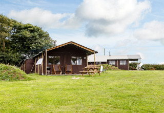Ferienpark bei Feather Down Treganhoe Farm in Südwestengland mit Zelten und Picknicktischen auf einer Wiese.