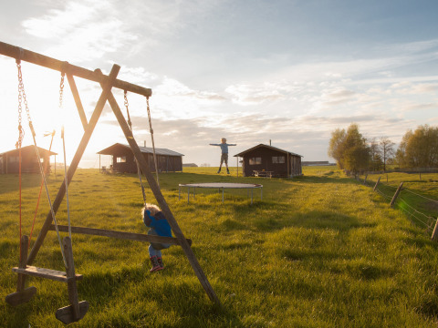 Niños juegan en un columpio y trampolín en un campo soleado con cabañas en Feather Down Hoeve den Overdraght.