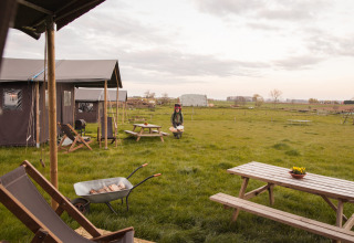 Tentes glamping et tables de pique-nique à Feather Down Hoeve den Overdraght, parc de vacances en Flandre occidentale, Belgique.