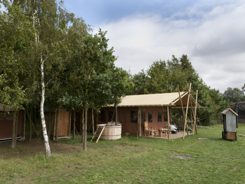 Tenda safari presso Feather Down Layer Marney Tower, parco vacanze nell'Est dell'Inghilterra, in mezzo al verde.
