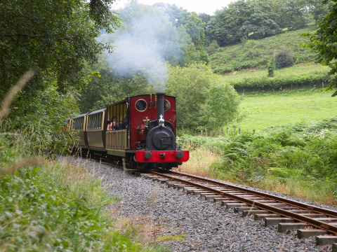 Un tren turístico a vapor recorre el paisaje verde de Feather Down Pant y March Farm en Gales, Reino Unido.