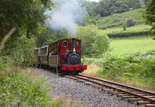 Een stoomtrein rijdt met toeristen door het groene landschap van Feather Down Pant y March Farm in Wales.