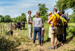A group of people with children visiting Feather Down Moor Farm, talking to a farmer and observing cows.
