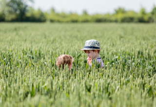 Deux enfants jouent dans un champ vert à Feather Down Moor Farm, un parc de vacances dans le sud-ouest de l’Angleterre.