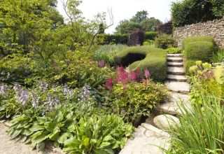 Sfeervolle tuin met stenen pad, groene struiken en bloemen bij Feather Down Hidcote Manor Farm, West Midlands, VK.