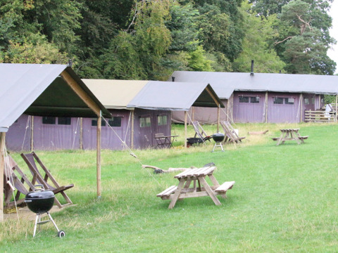 Glampingtenten en picknickbanken bij Feather Down Hidcote Manor Farm vakantiepark in West Midlands, Verenigd Koninkrijk.