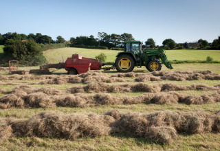 Traktor og høpresser arbejder på en mark ved Feather Down Lunsford Farm, feriepark i Sydøstengland.