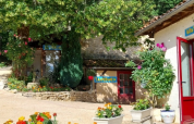 Farverig udendørs scene fra Camping Le Céou i Nouvelle-Aquitaine, Frankrig, med blomster og bygninger.