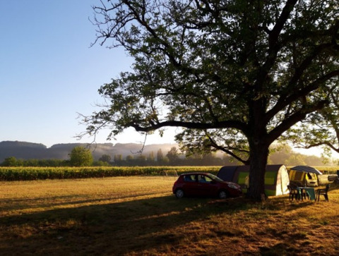 Kampeerplek onder boom met auto, tenten en tafel bij zonsopgang op Camping Le Céou, Nouvelle-Aquitaine, Frankrijk.