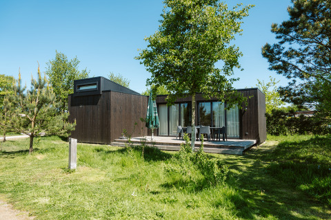 Moderna cabaña de madera oscura en Kleproos, Holiday park De Klepperstee, rodeada de césped y árboles.