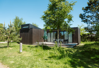 Moderna cabaña de madera oscura en Kleproos, Holiday park De Klepperstee, rodeada de césped y árboles.