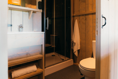 Baño en la tienda Safari cottage en Holiday Park Sallandshoeve, Países Bajos, con ducha y aseo.