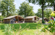 Rheezerlodge DeLuxe low en Kampeerdorp de Zandstuve, Países Bajos, rodeado de césped y naturaleza.