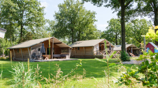 Rheezerlodge DeLuxe low en Kampeerdorp de Zandstuve, Países Bajos, rodeado de césped y naturaleza.