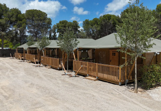Row of safari tents called Cottage at Vilanova Park Campsite in Spain, surrounded by trees and blue sky.