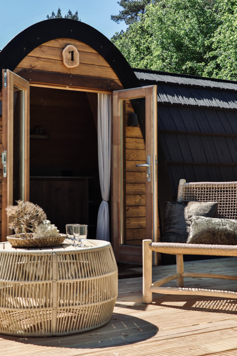 Espace extérieur avec mobilier en rotin devant une cabane en bois au Cabin at Thuysgrond, Pays-Bas.